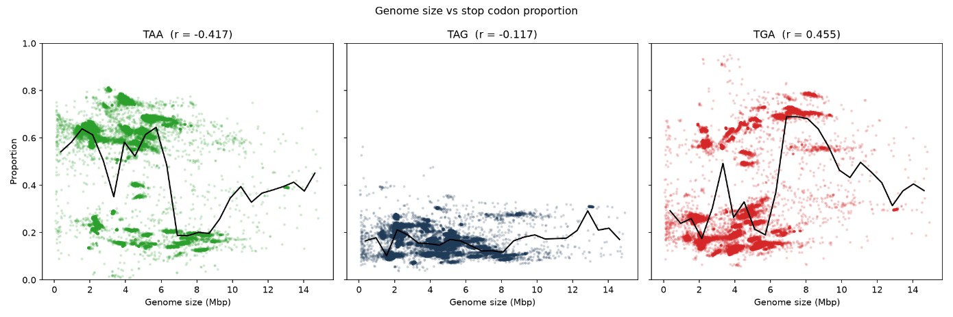 Three scatter panels plotting TAA, TAG and TGA proportion against genome size in megabases, each with a binned trend line.